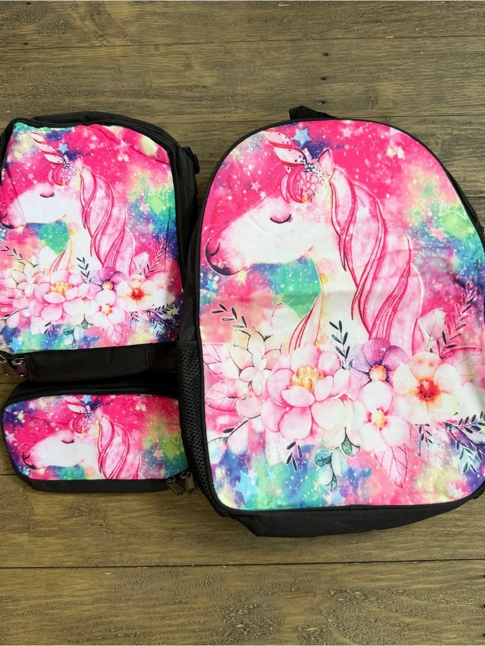 Unicorn three-piece backpack set Includes backpack, lunch bag, and pencil bag